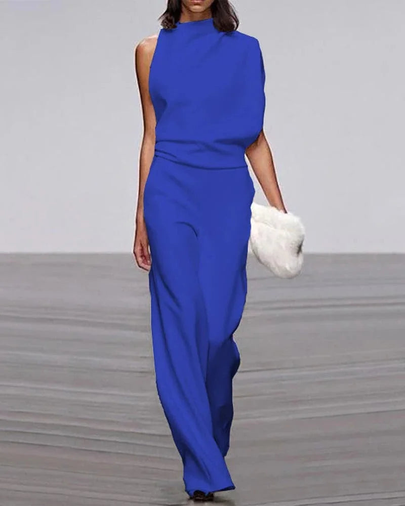 Fashionable women's sleeveless wide leg jumpsuit, elegant mock neck design. Perfect for sophisticated party wear.