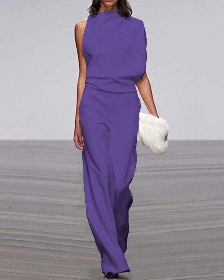 Comfortable & elegant women's wide leg jumpsuit, sleeveless mock neck. Ideal for formal, evening, or party events.