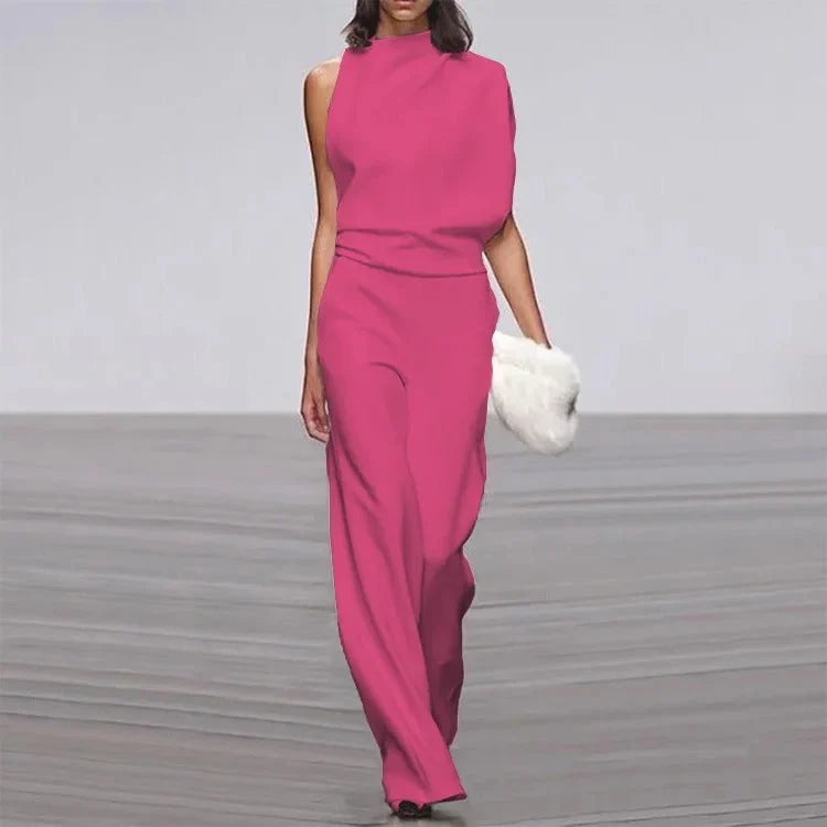 Elegant women's sleeveless wide leg jumpsuit with a sophisticated mock neck, perfect for formal and evening wear.