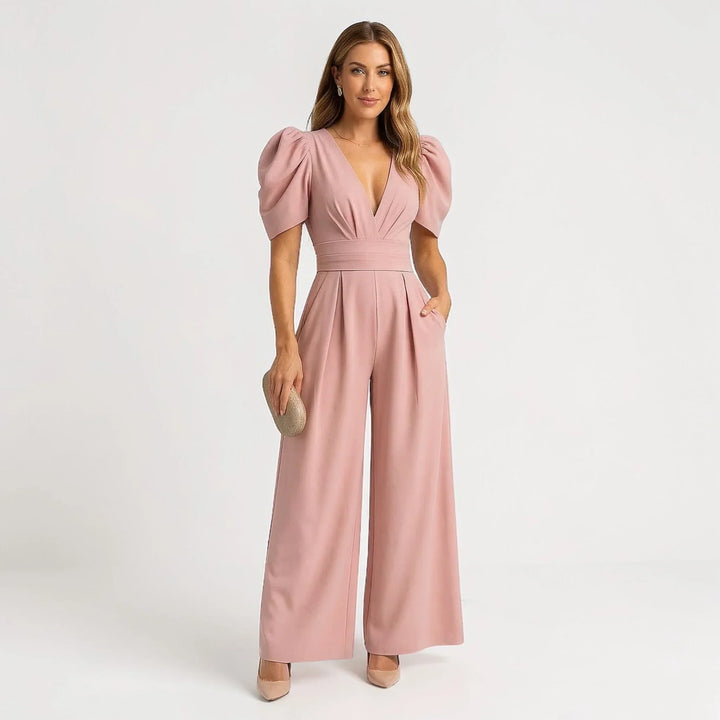Elegant women's wide-leg jumpsuit with puff sleeves, perfect for formal evening wear.