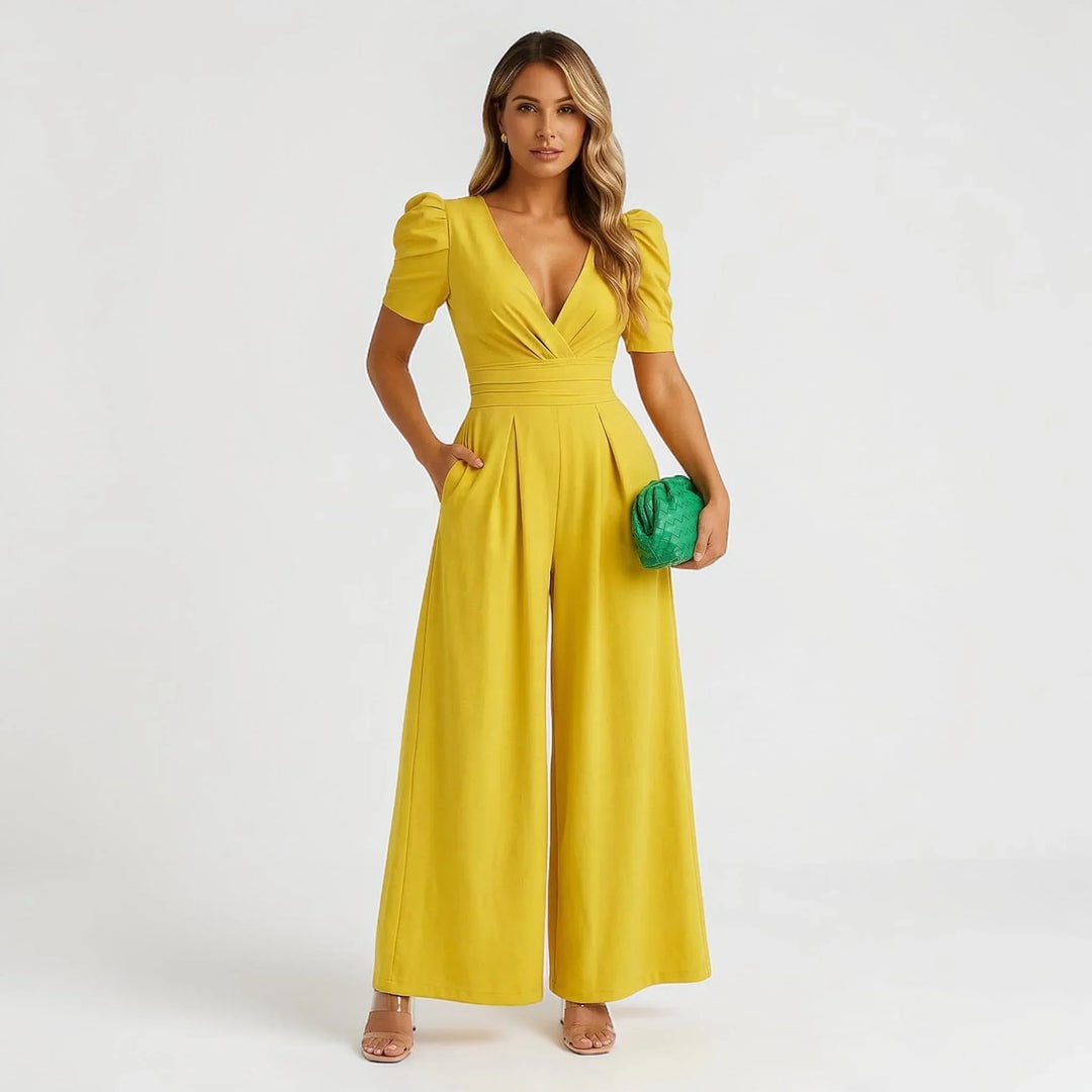Women's elegant wide-leg jumpsuit with puff sleeves, a stunning choice for special occasion evening wear.
