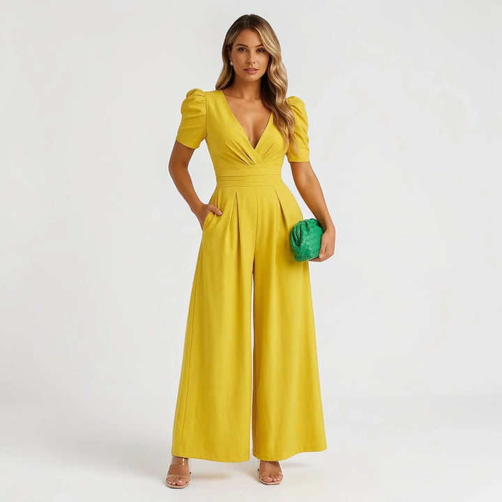 Women's elegant wide-leg jumpsuit with puff sleeves, a stunning choice for special occasion evening wear.