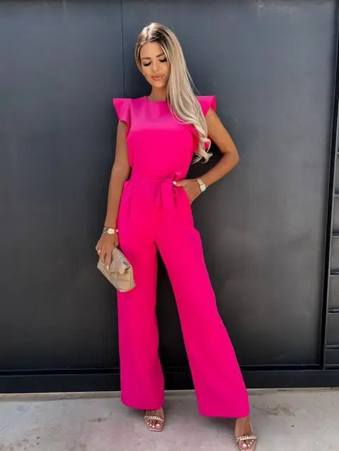Smart occasion outfit: women's wide leg jumpsuit with statement ruffle sleeves