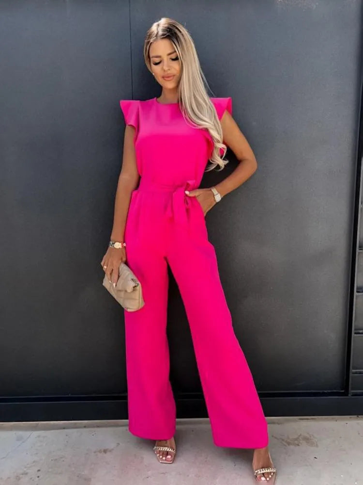 Stylish women's one-piece wide leg jumpsuit with delicate ruffled sleeves and an adjustable waist tie. Special occasion.