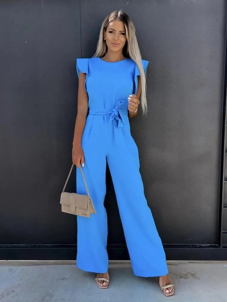Formal women's jumpsuit with flattering wide legs, elegant ruffled sleeves, and a comfortable adjustable tie for events.