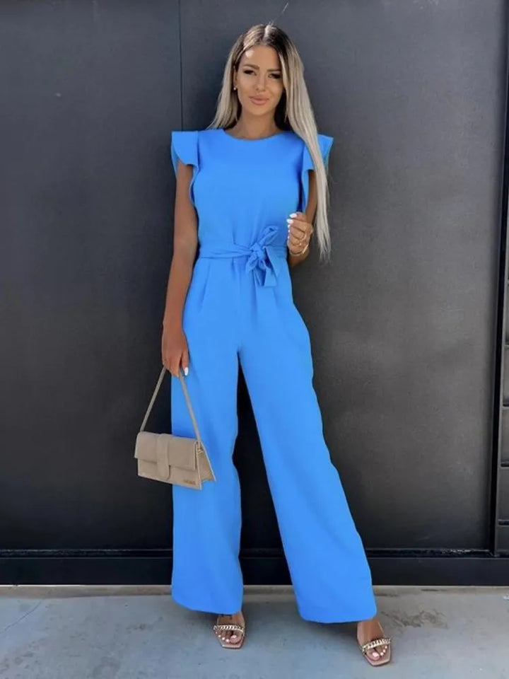 Formal women's jumpsuit with flattering wide legs, elegant ruffled sleeves, and a comfortable adjustable tie for events.
