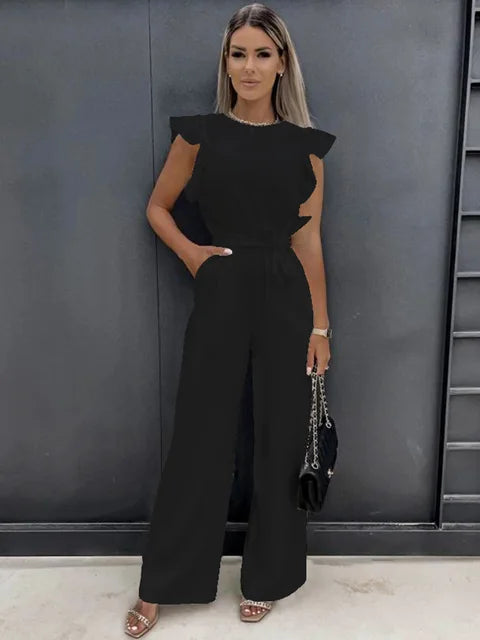 Sophisticated women's wide leg jumpsuit with ruffled sleeves & adjustable tie, ideal for parties & elegant gatherings.