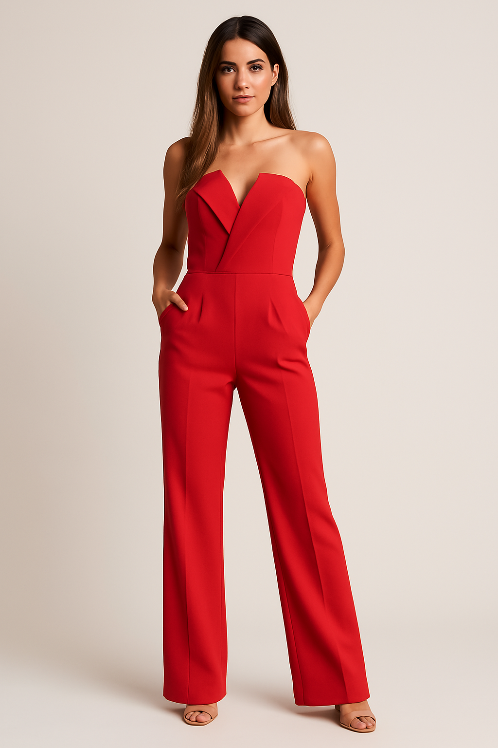 Fashionable red wide-leg jumpsuit for women, showcasing a sleeveless sweetheart neckline, ideal for chic events.