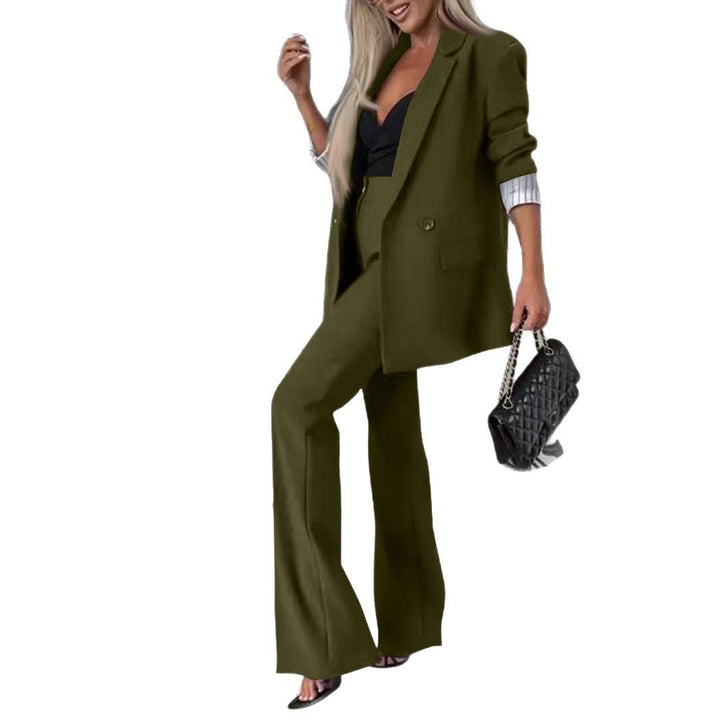 Close-up: Quality fabric of an elegant women's wide leg pant suit, highlighting premium professional business wear.