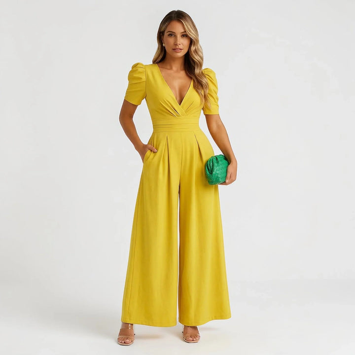 A beautiful women's wide leg puff sleeve jumpsuit, ideal for weddings and formal events.