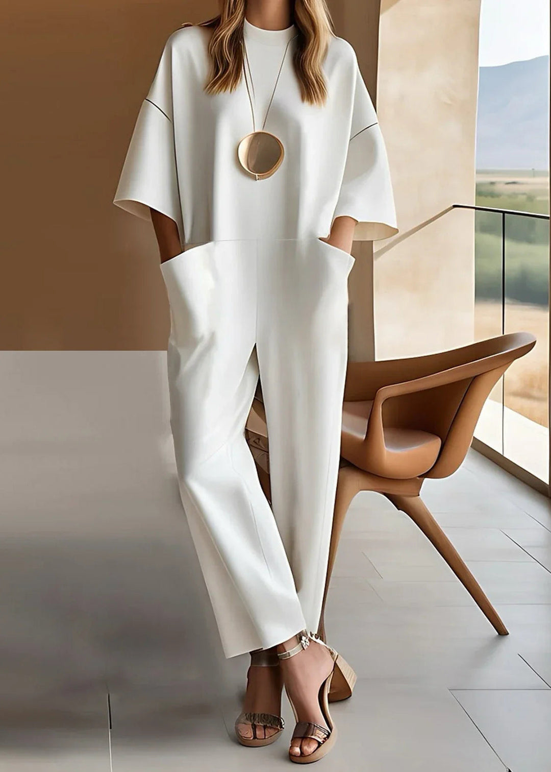 Elegant women's wide sleeve jumpsuit with practical pockets, ideal for a stylish and comfortable one-piece outfit.