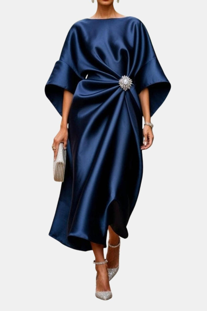 Graceful women's wide sleeve maxi dress. Elegant long-sleeve A-line gown for modest formal evening or party occasions.