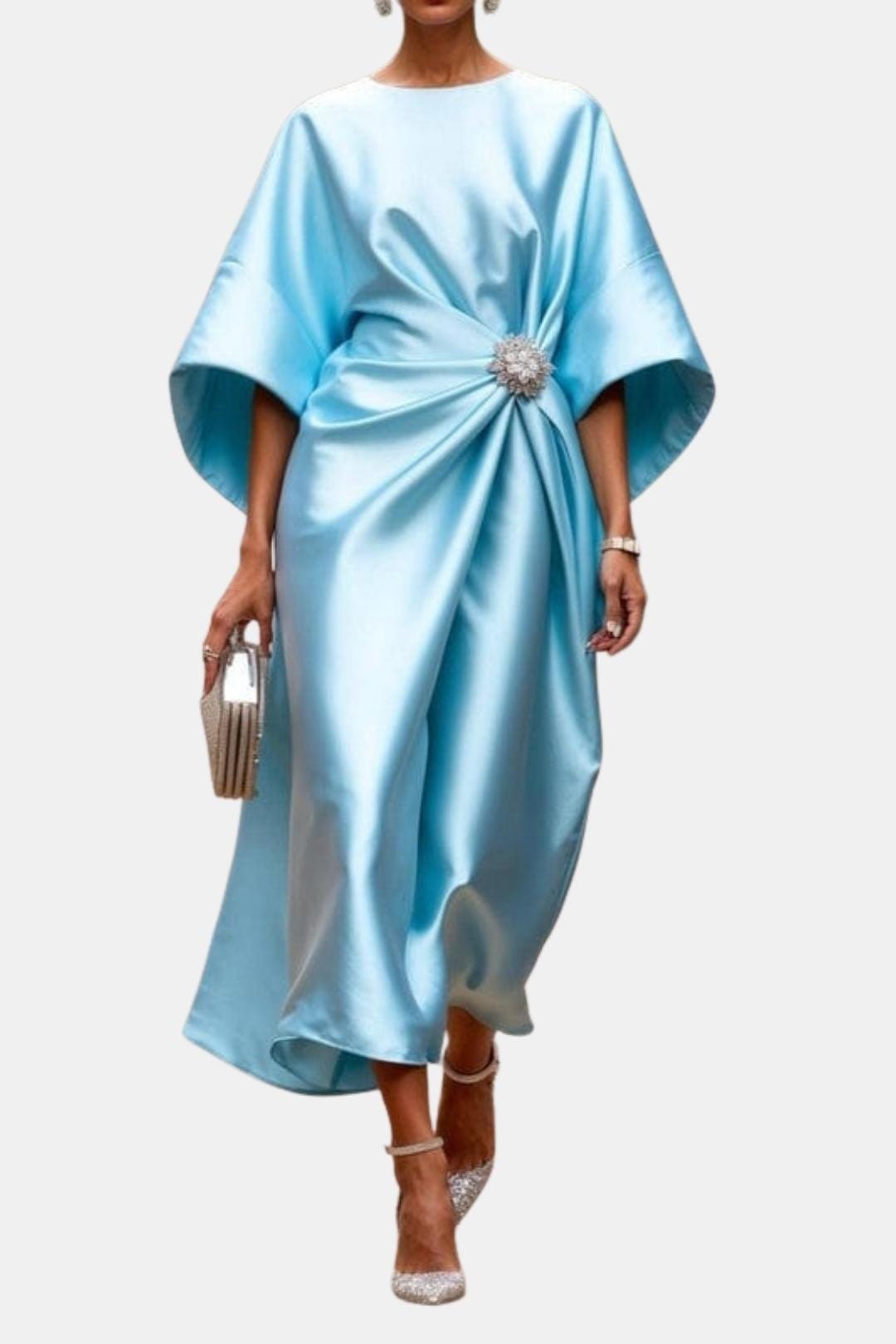 Women's elegant A-line maxi dress with flowing wide sleeves. Perfect long-sleeve dress for evening, party, & formal events.