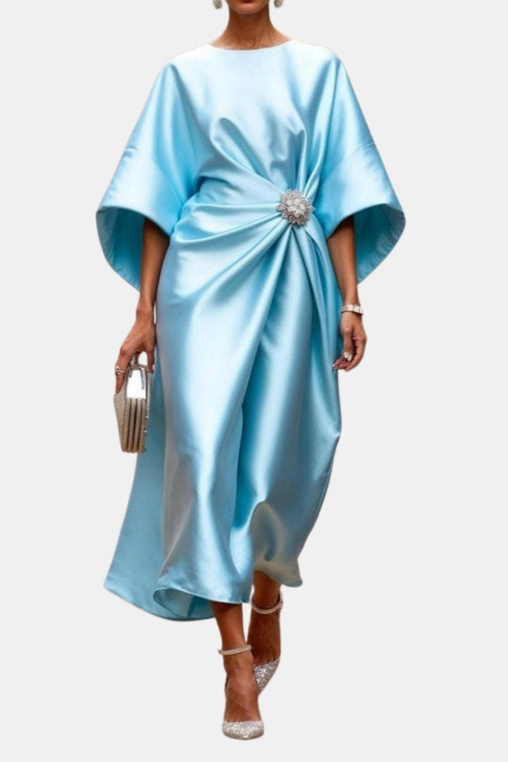 Women's elegant A-line maxi dress with flowing wide sleeves. Perfect long-sleeve dress for evening, party, & formal events.