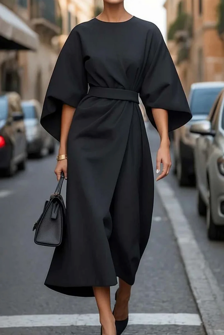 Elegant women's wide sleeve midi dress with a flattering belted waist. Perfect for summer casual or dressy occasions.