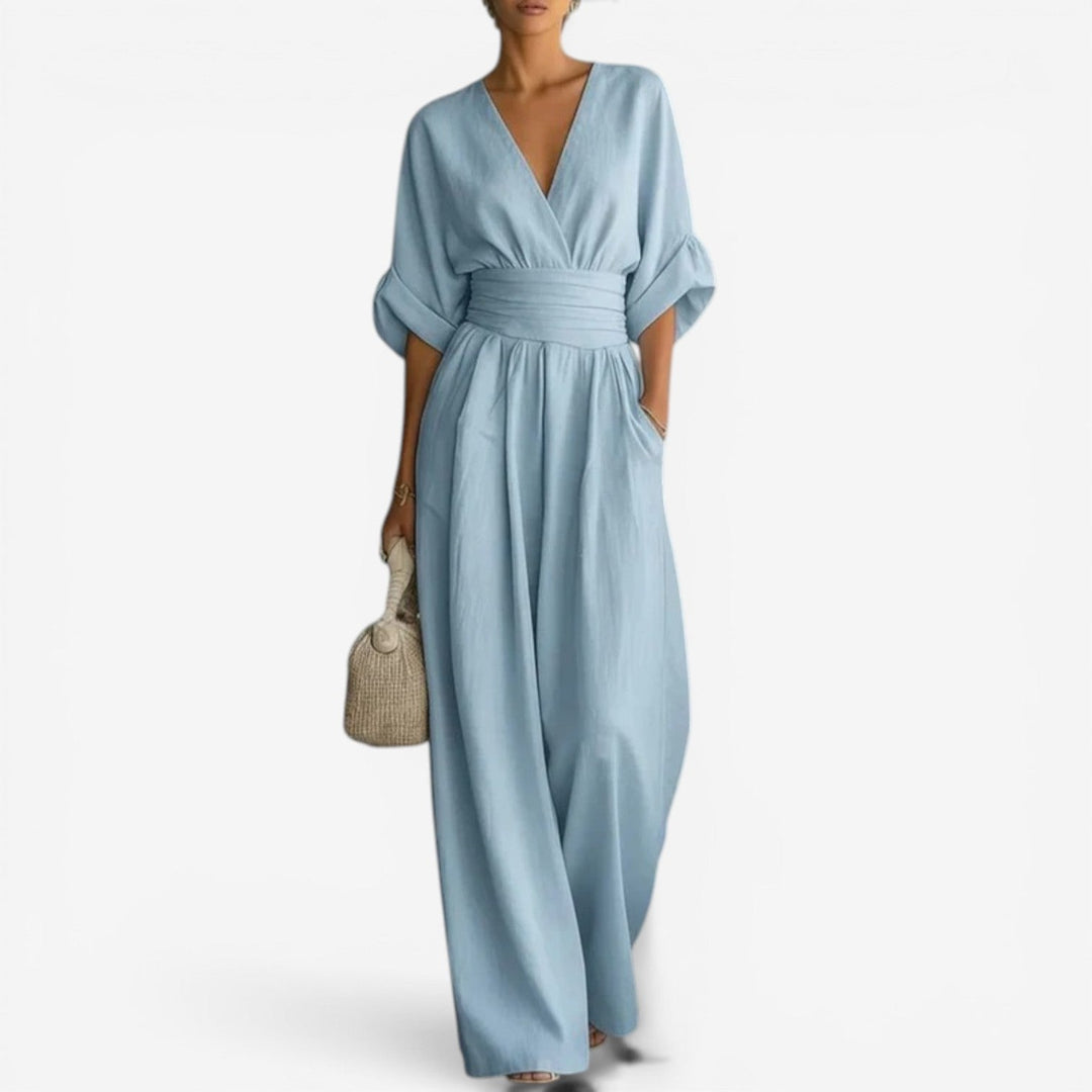 Elegant women's wide-sleeve V-neck jumpsuit, perfect for a sophisticated one-piece outfit.