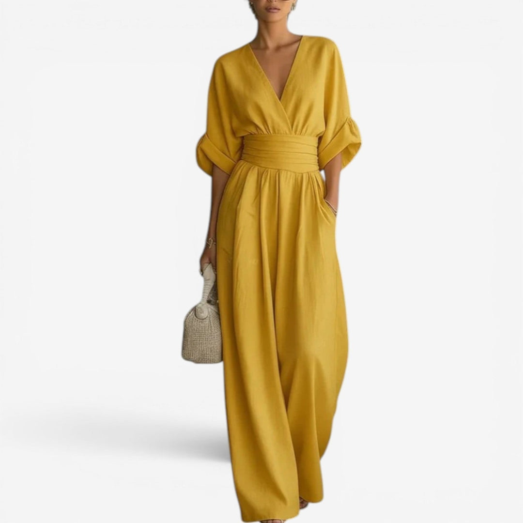 Women's summer wide-sleeve jumpsuit, ideal for casual brunch wear, vacation fashion, or elegant events.