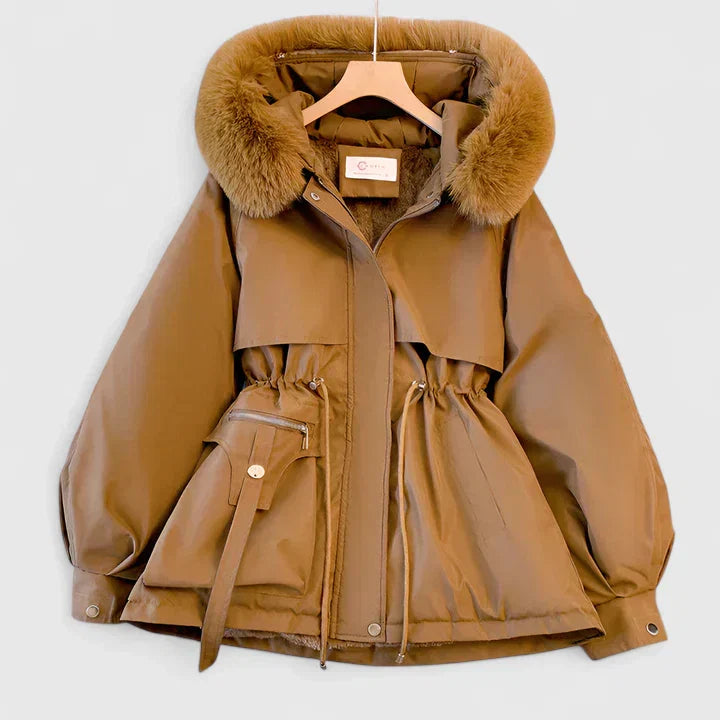 Cozy women's cold weather jacket, water-resistant & warm. A fashionable, insulated winter coat for outdoor wear.