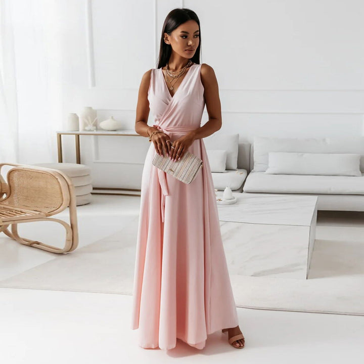 Elegant women's wrap maxi dress for wedding guests. Perfect long formal evening gown for special occasions.