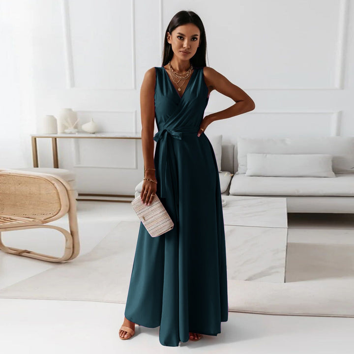 Sophisticated women's wrap maxi dress, ideal for wedding guests. Long elegant formal dress for evening events.