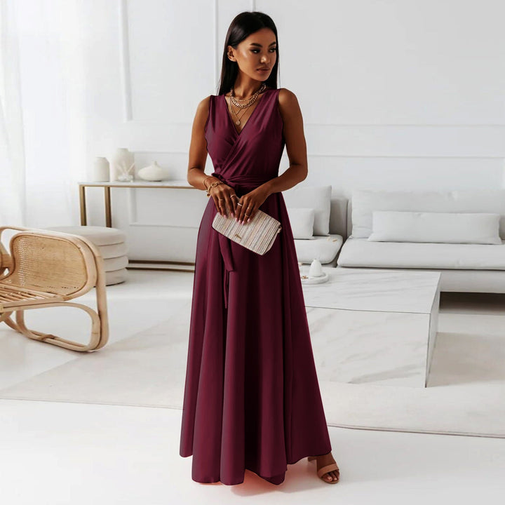 Women's elegant maxi wrap dress, perfect as a wedding guest or formal evening party dress for special occasions.