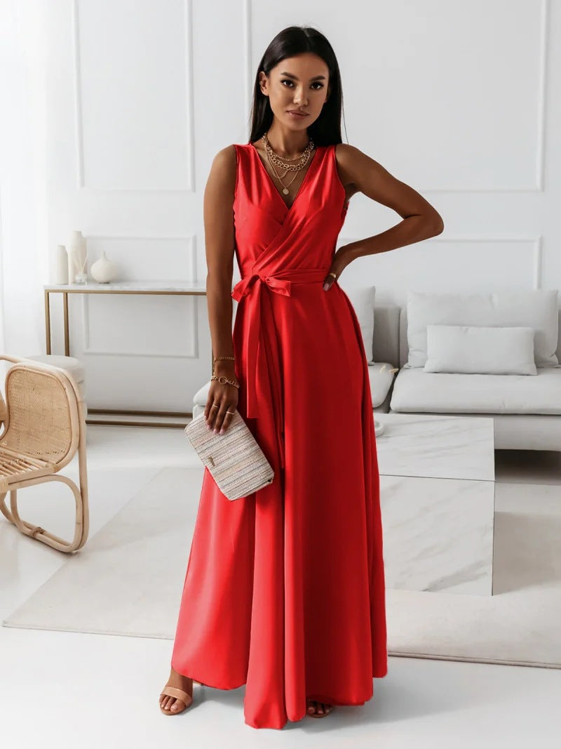 Modest long elegant wrap maxi dress for women. Sophisticated formal evening gown, perfect for special occasions.