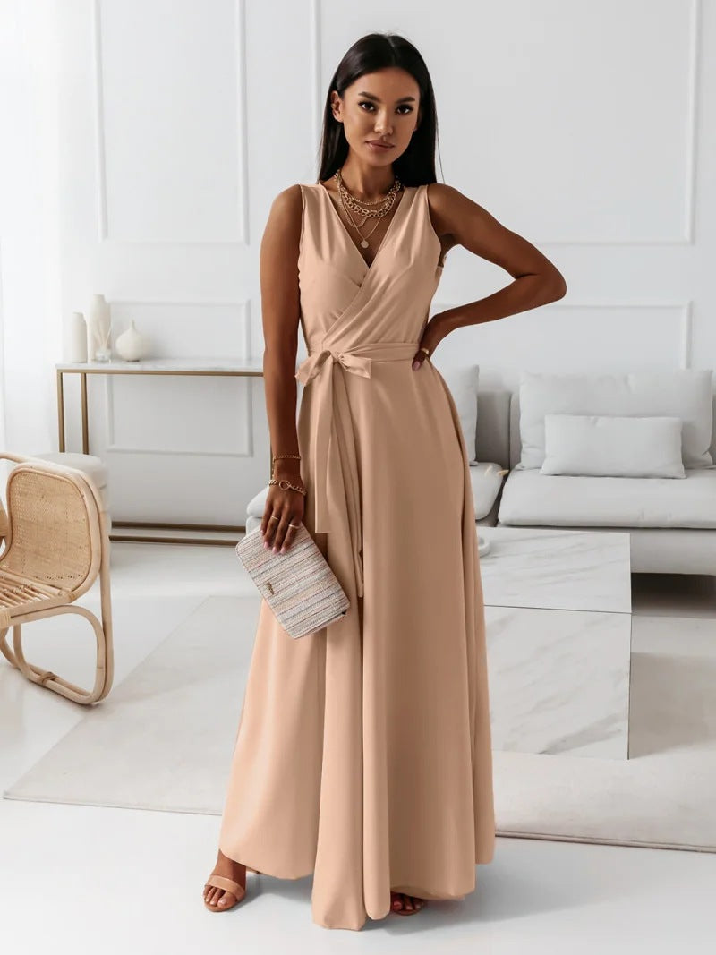 Flattering wrap maxi dress, an elegant sleeveless evening gown for women's wedding guest fashion.