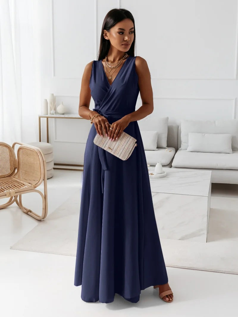 Chic women's sleeveless maxi dress, an elegant wrap gown for wedding guests, parties & formal events.