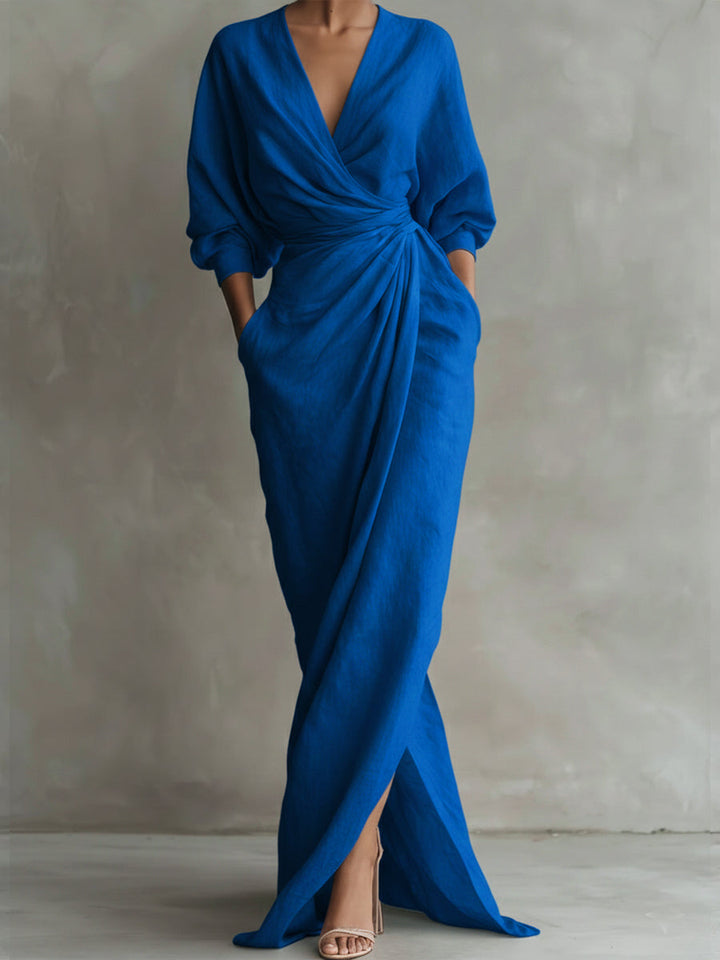 Versatile women's flowy wrap maxi dress, V-neck, three-quarter sleeves, perfect for casual chic or events.