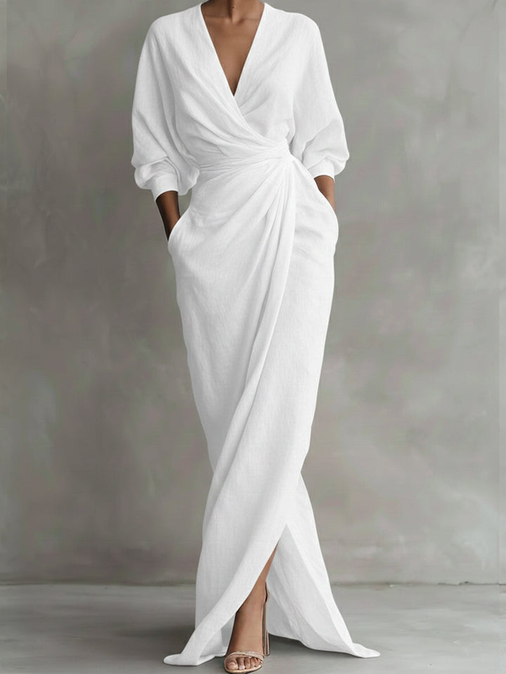 Comfortable women's all-season wrap maxi dress, V-neck, three-quarter sleeves, perfect for summer or evening.