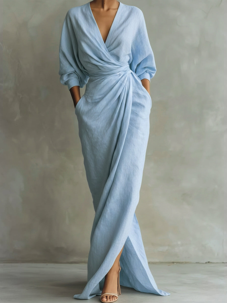 Flattering flowy women's elegant wrap maxi dress with V-neck and three-quarter sleeves for all seasons.