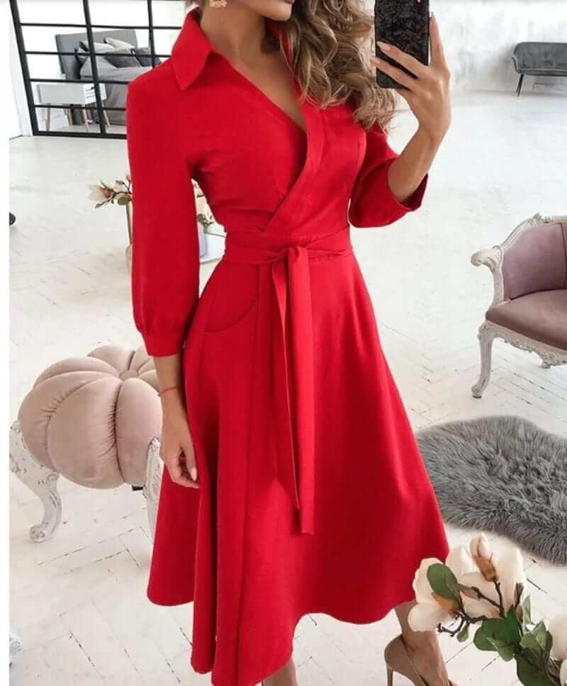 Elegant women's wrap midi dress in a beautiful solid color. Flattering style for formal or casual events.