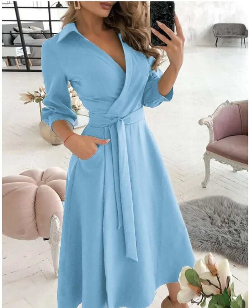 Versatile women's midi wrap dress, easily dressed up or down. Elegant & flattering for work, parties, or daily wear.