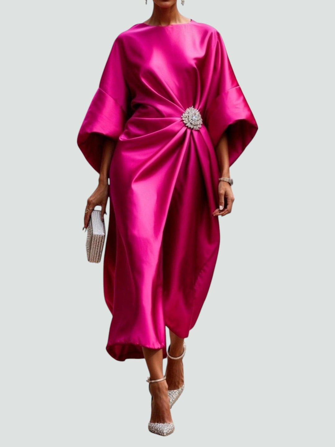 Stylish women's formal wrap midi dress featuring a flattering V-neck and comfortable kimono sleeves. Perfect for summer.