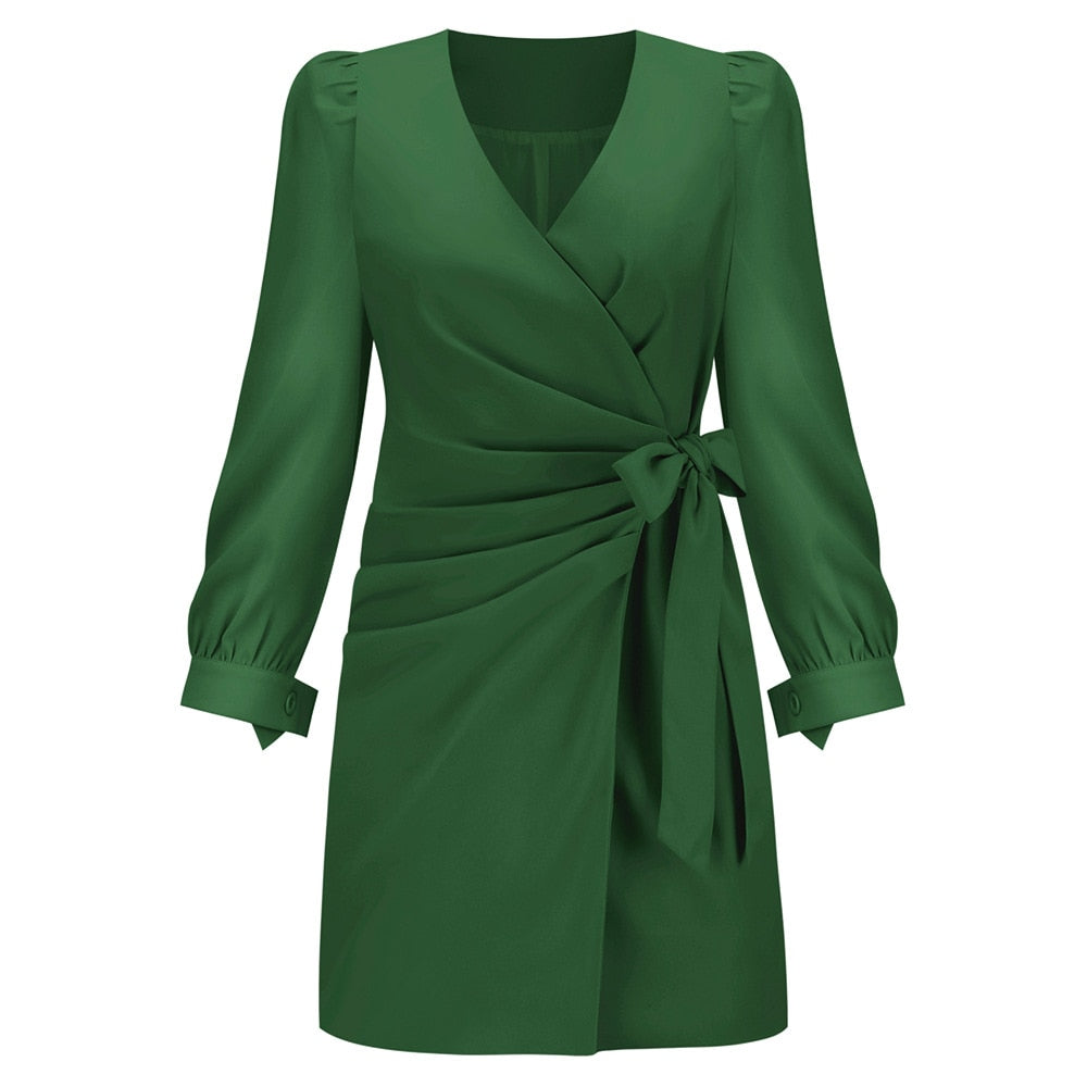 Chic women's long sleeve wrap mini dress with a flattering V-neck, adjustable waist tie, ideal for various occasions.