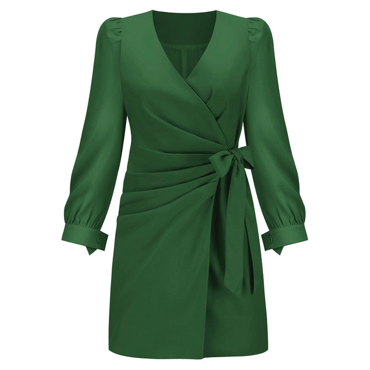 Chic women's long sleeve wrap mini dress with a flattering V-neck, adjustable waist tie, ideal for various occasions.
