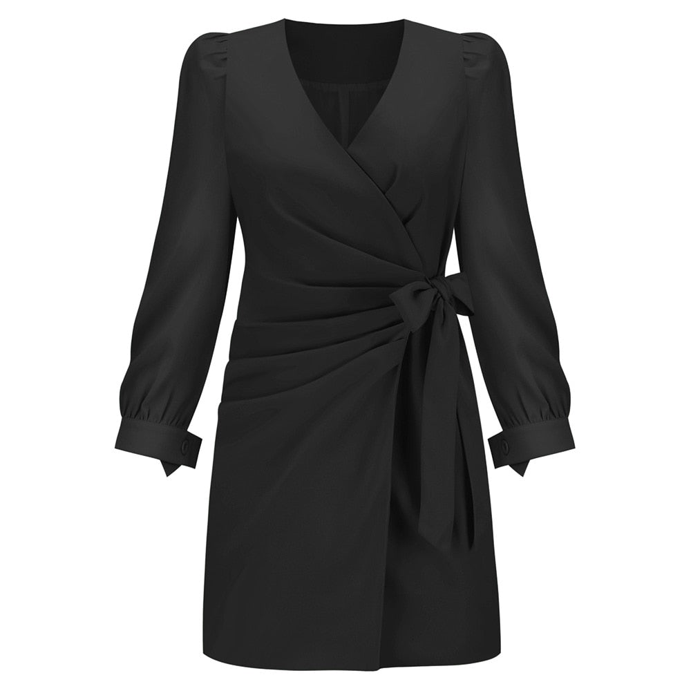 Stylish women's elegant wrap mini dress, long sleeve, V-neck, and waist tie design for smart casual or party wear.