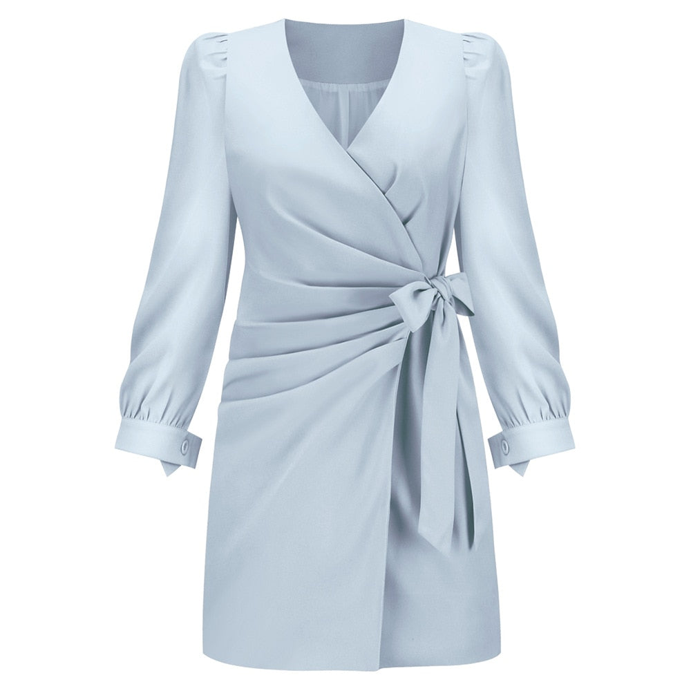 Comfortable women's mini wrap dress with long sleeves, a V-neck, and a defining waist tie, great for any season.