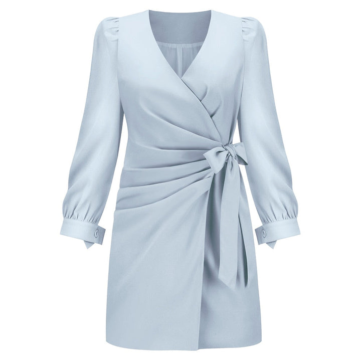 Comfortable women's mini wrap dress with long sleeves, a V-neck, and a defining waist tie, great for any season.