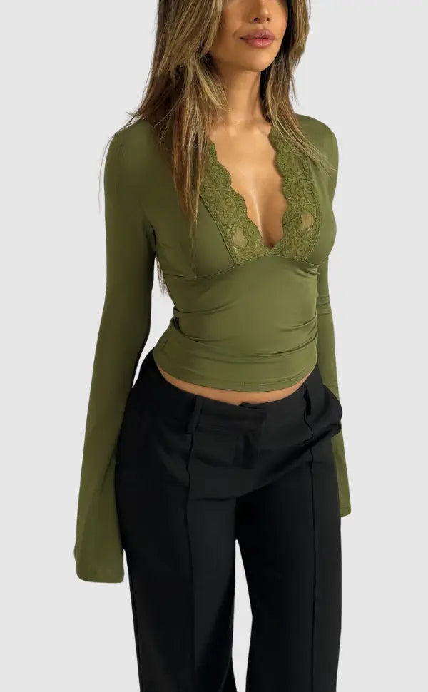 Chic long sleeve lace wrap top, perfect for date night or evening wear. Fitted & feminine.