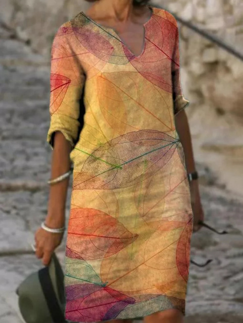 Elegant women's yellow leaf print midi dress with V-neck, three-quarter sleeves, perfect for casual chic style.