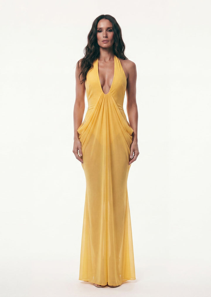 Elegant women's yellow mattey sheer maxi dress, perfect for evening or special occasions.