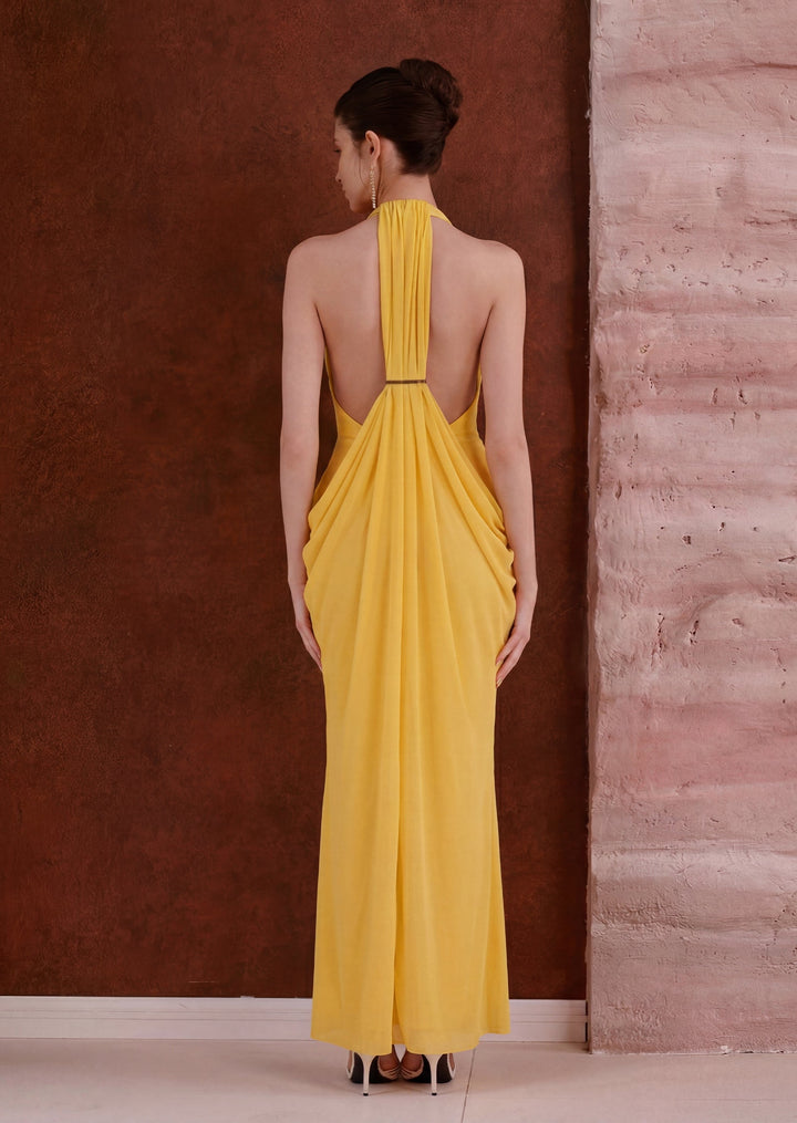 Vibrant yellow sheer maxi dress for women, ideal as an elegant party or evening dress.