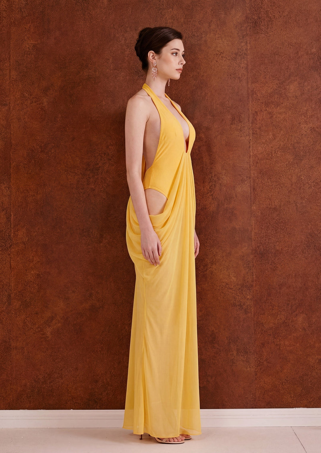 Comfortable & elegant yellow mattey sheer maxi dress for women, perfect for summer or special occasions.