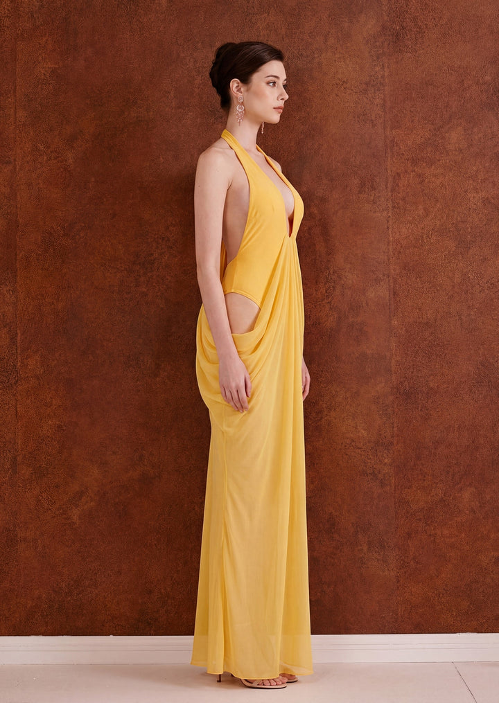 Comfortable & elegant yellow mattey sheer maxi dress for women, perfect for summer or special occasions.