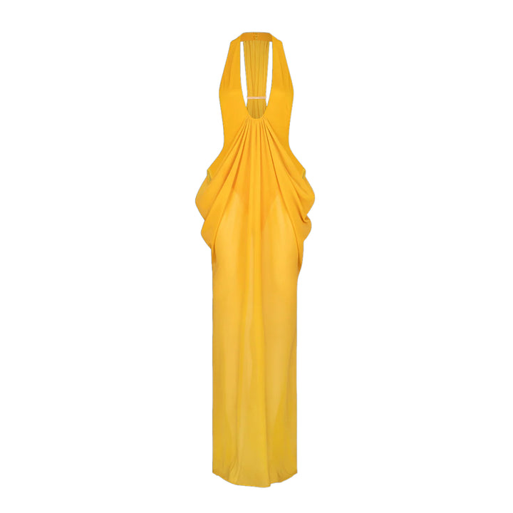 Long, flowing mattey sheer yellow maxi dress for women, an elegant and vibrant formal party dress.