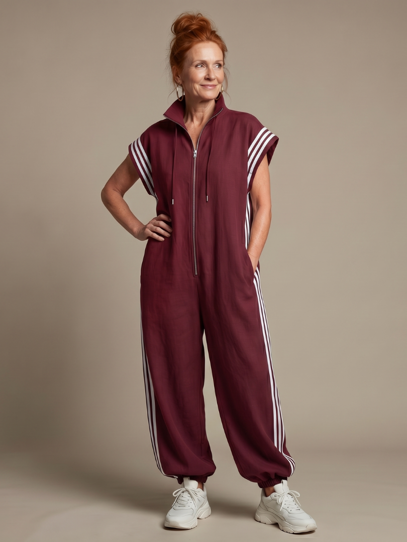 Elegant women's zip front jumpsuit with stylish striped panels & wide leg. Perfect for chic casual fashion.