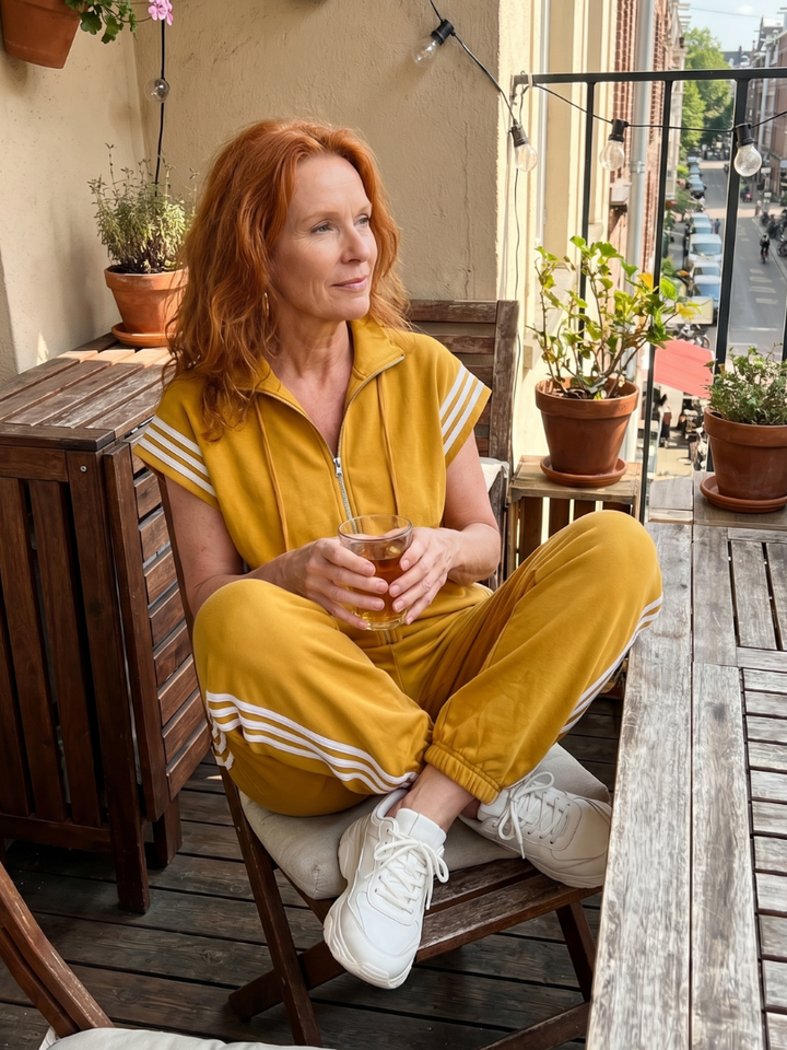 Trendy women's casual jumpsuit with a convenient zip front, striped panels & a fashionable wide leg.