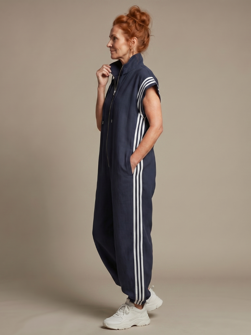 Stylish women's zip front jumpsuit with eye-catching striped panels & a comfortable wide leg.