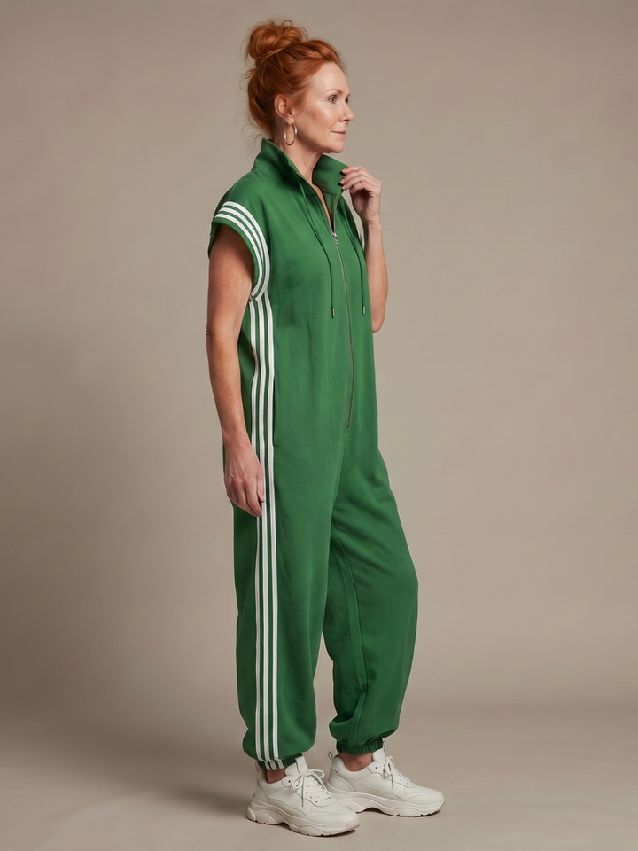 Elegant women's full-length wide leg jumpsuit with zip front, cap sleeve & stylish striped panels.